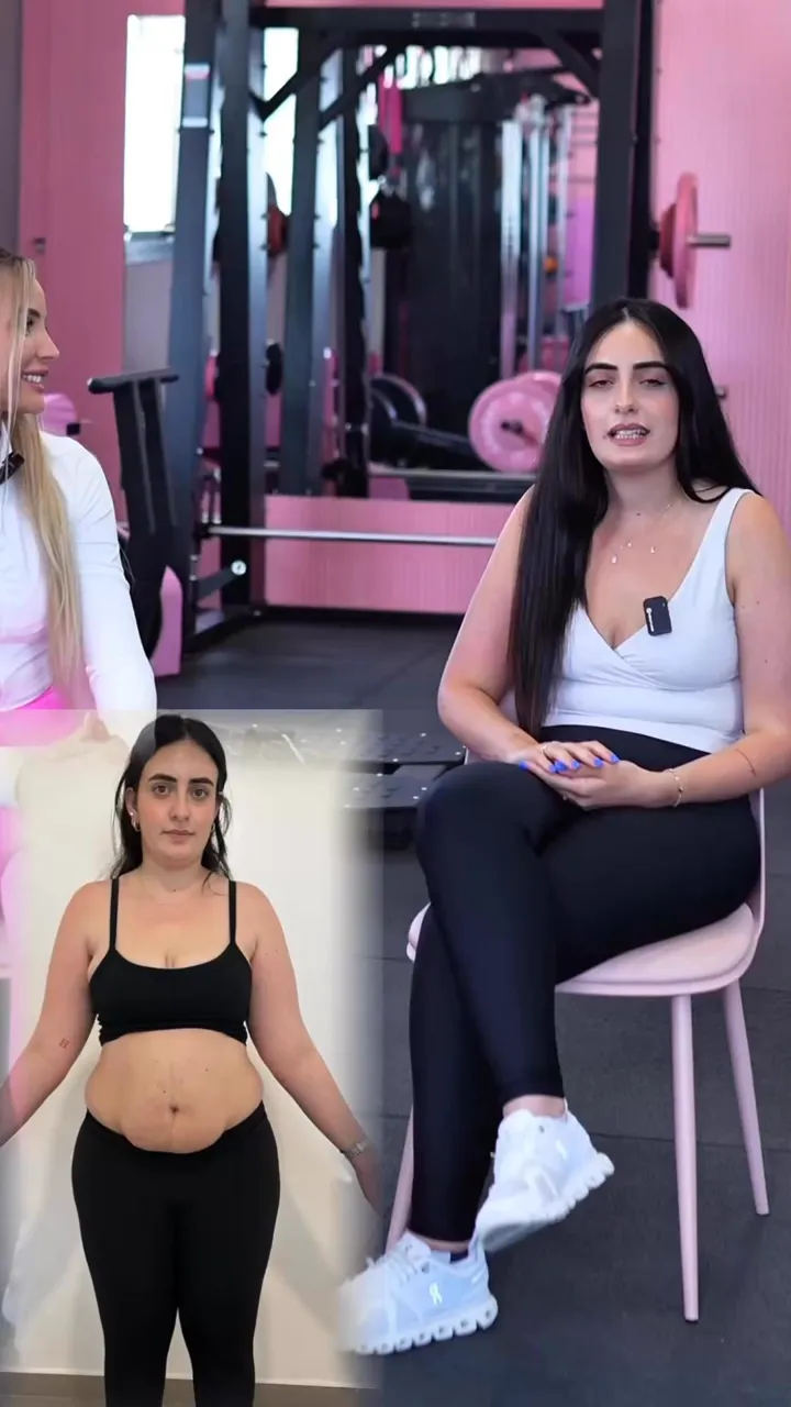 Client testimonial interview in a pink gym with a before photo inset